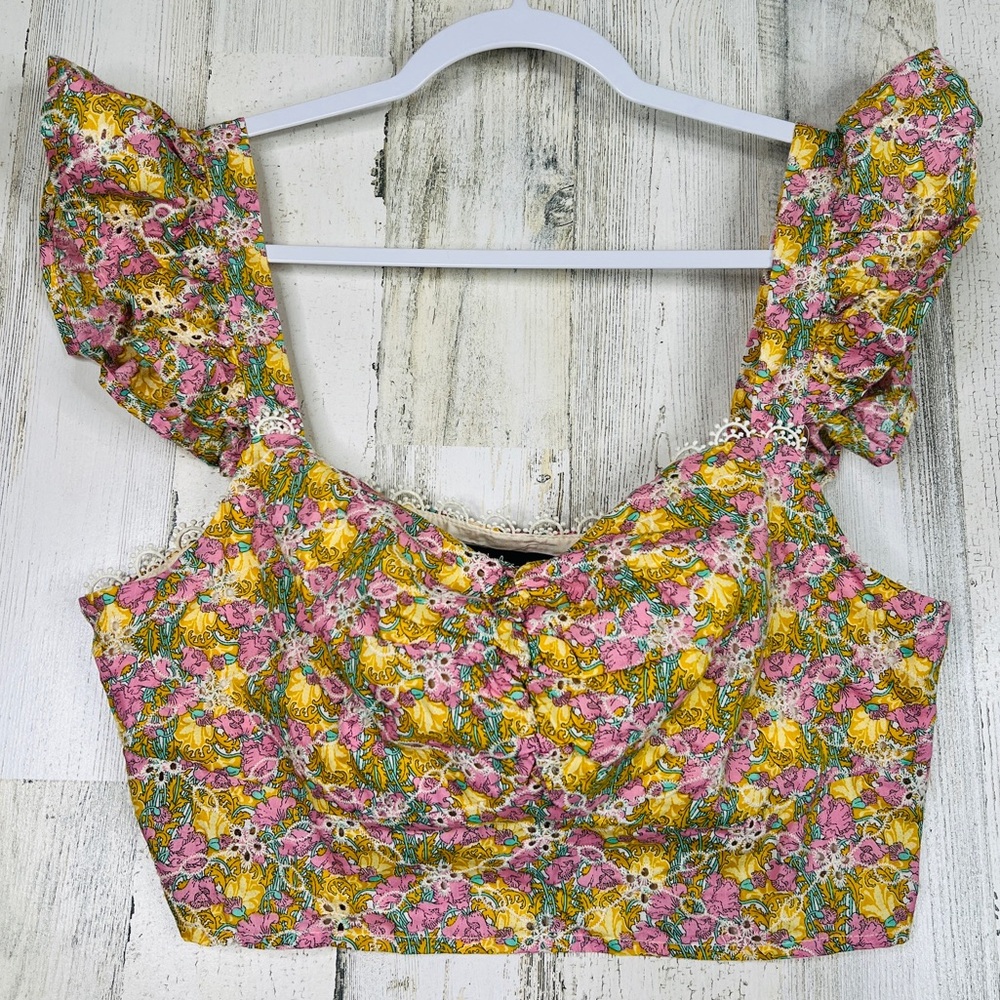Lulus Floral Eyelet Lace Crop Top XL Yellow Romantic Feminine Cottagecore Summer